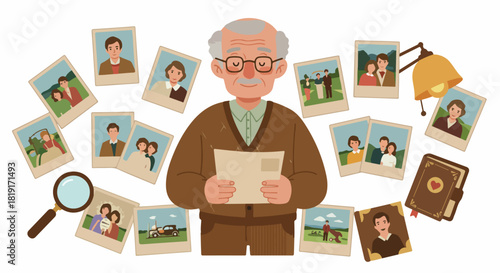 Elderly man reminiscing, surrounded by a collage of old family photos, recalling cherished life memories with a magnifying glass and album, a nostalgic journey.