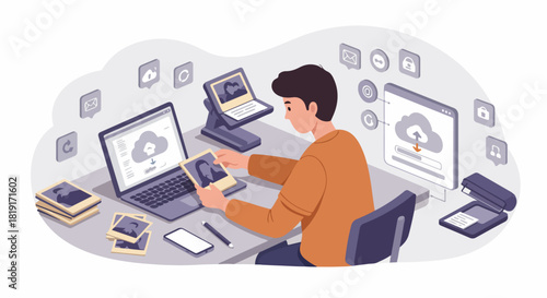 Person digitizing physical photos, uploading to cloud storage with a laptop and scanner, managing digital archives and data synchronization.