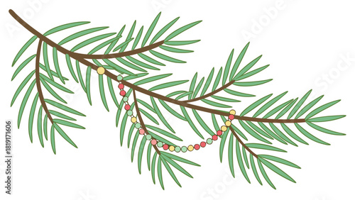 A festive pine branch adorned with a colorful beaded garland for holiday celebrations and decoration theme