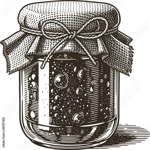 Engraving art vintage style engraving illustration of a glass jar filled with dark berry jam, sealed with a cloth cover and tied with a rustic bow