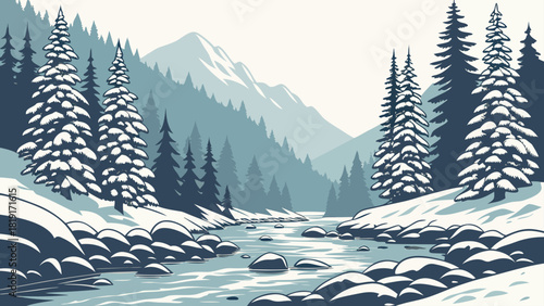 Winter landscape featuring a snow covered river flowing through a forest and distant mountains