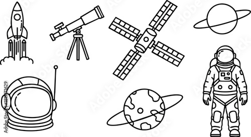Space exploration icons rocket telescope satellite astronaut helmet planet vector illustration