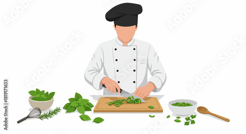 Professional chef chops fresh green herbs on a wooden cutting board, surrounded by cooking ingredients and kitchen tools, illustrating culinary preparation.