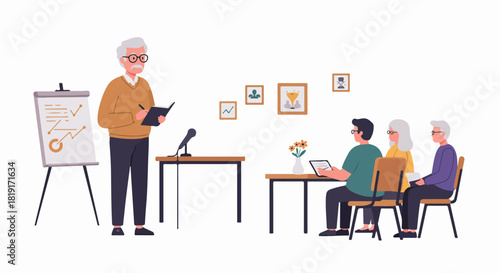 Senior instructor leads a learning seminar for older adults, fostering continuous education and skill development in an engaging classroom setting.