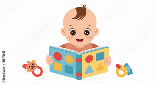 Smiling baby explores an interactive shape book alongside colorful rattles, representing joyful learning and early development.