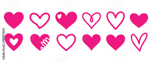 Collection of Various Pink Heart Illustrations on White Background for Valentines Day and Love Concepts with Different Styles and Designs for Creative Projects