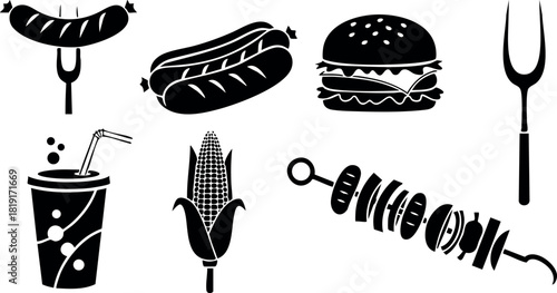 Fast food icons set with sausage burger corn drink and skewer vector illustration
