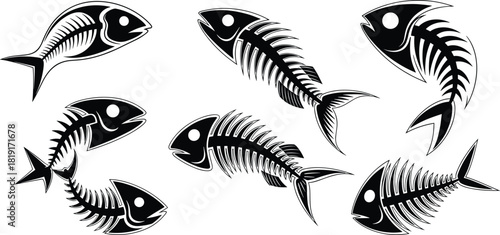 Set of stylized fish skeleton illustrations in bold black and white design, perfect for fishing themes, tattoo art, seafood logos, and creative graphic projects