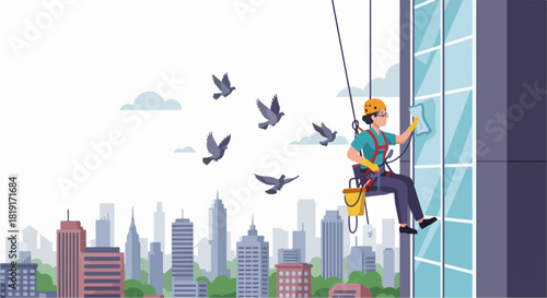 Female window cleaner diligently working on a modern skyscraper facade in a bustling city, equipped with safety gear, amidst a backdrop of urban buildings and flying birds.