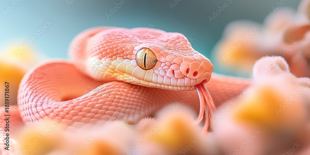 Fototapeta premium Pink snake with yellow eyes and forked tongue nestled among soft pastel elements, close up detail, serene environment.