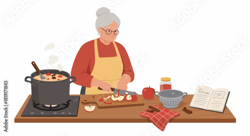 Elderly woman in apron preparing homemade apple dessert, chopping fresh fruit and simmering ingredients on the stove, following a traditional recipe.