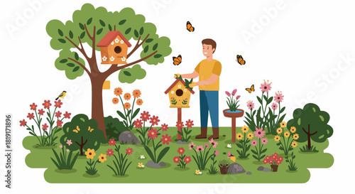 A happy man enjoys tending his vibrant garden filled with blooming flowers, charming birdhouses, and playful butterflies, embracing nature's beauty and tranquility.