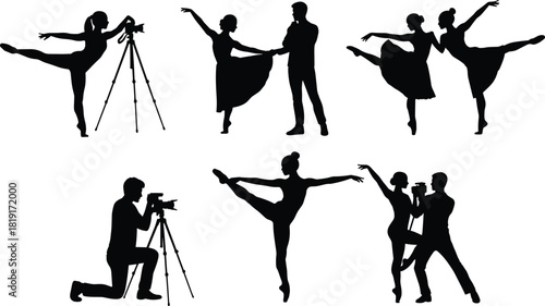 Silhouette collection of ballet dancers and photographers capturing elegant dance poses, showcasing artistic movement, graceful balance, and professional creative performance interaction