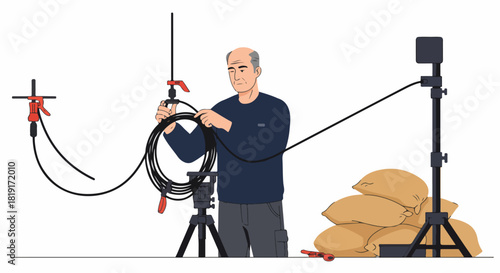 Professional technician organizing cables and setting up production equipment on a studio or film set, ensuring everything is ready for a shoot.