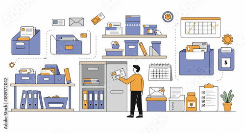 Efficient office organization and document management illustration with a person handling files, showcasing administrative workflow and data archiving system.