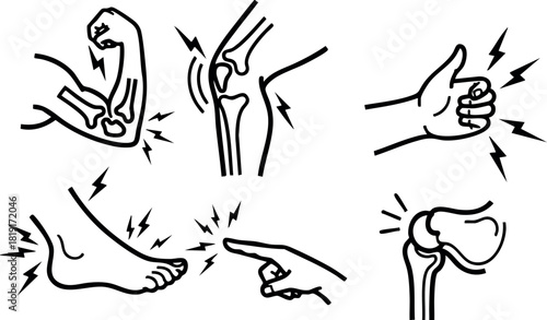 Human joint pain illustration with arm hand knee foot and finger ache vector diagram