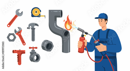 Plumber working with a blowtorch on pipes, surrounded by essential plumbing tools like wrenches, hammer, and tape measure. Professional repair and home maintenance concept.