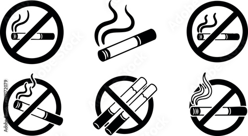 No smoking cigarette prohibition signs vector set with black smoke and ban symbols
