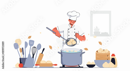 A male chef expertly prepares delicious Asian dumplings, using various kitchen tools to boil and serve them, highlighting culinary skill and traditional cooking.