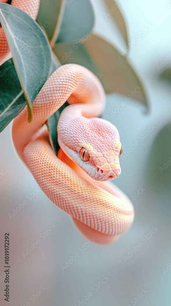 Fototapeta premium Pale pink snake coils on green leaves, its delicate scales catching the soft light, with a gentle, curious gaze.