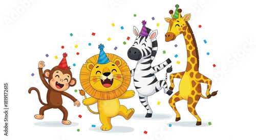 Adorable cartoon animals celebrate at a fun birthday party with confetti, perfect for children's books, invitations, and cheerful designs for kids