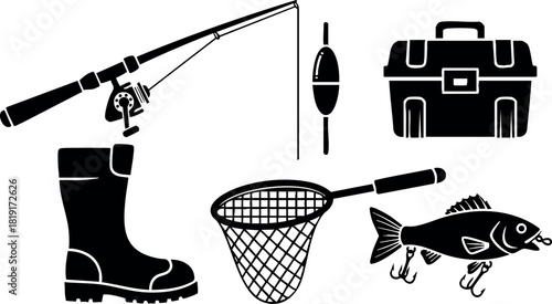 Fishing equipment collection rod reel float boot net fish tackle box black silhouette vector illustration