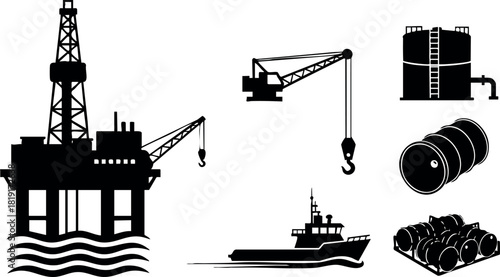 Offshore oil rig drilling platform with crane ship fuel tanks and barrels vector illustration