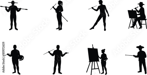 Silhouette collection of diverse artists painting and drawing with brushes and easels, showcasing creative poses, artistic expression, and professional studio activity