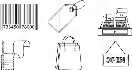Shopping icons barcode tag cash register receipt bag open sign vector illustration