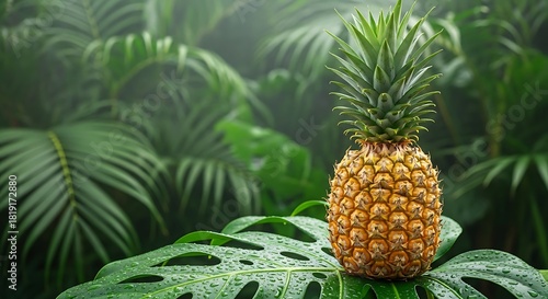 Golden pineapple on wet tropical leaves, vibrant jungle backdrop