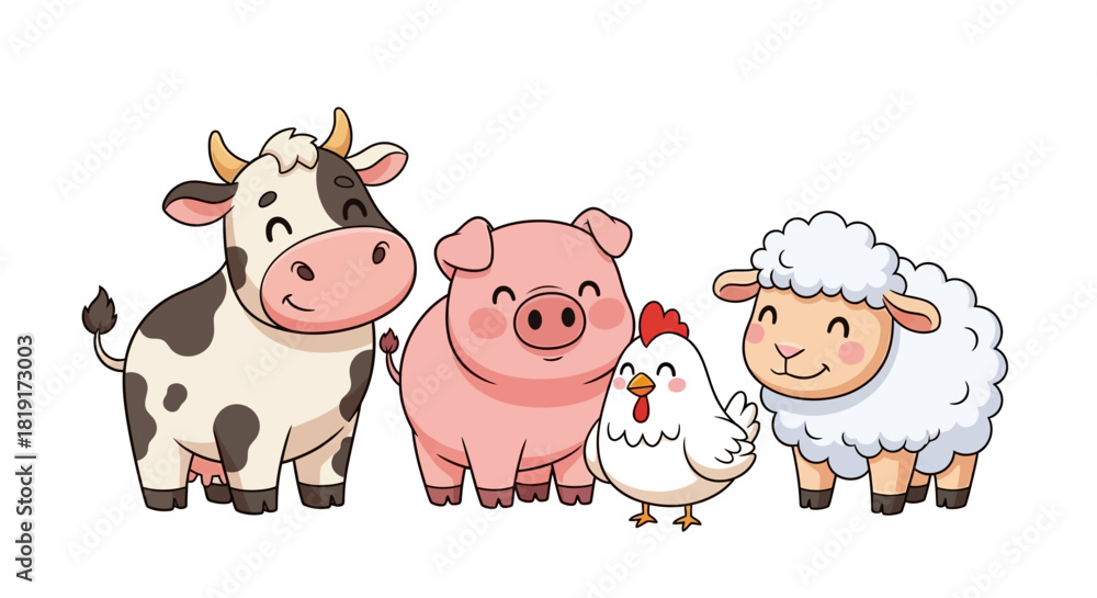 Obraz premium Adorable cartoon farm animal friends smiling cheerfully together for children's book illustration or playful educational content needs