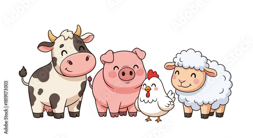 Adorable cartoon farm animal friends smiling cheerfully together for children's book illustration or playful educational content needs