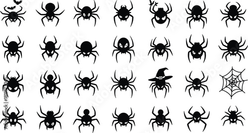 Silhouette collection of spooky spiders and cobweb, Halloween insect icons, creepy arachnid design elements for decoration and horror theme illustration