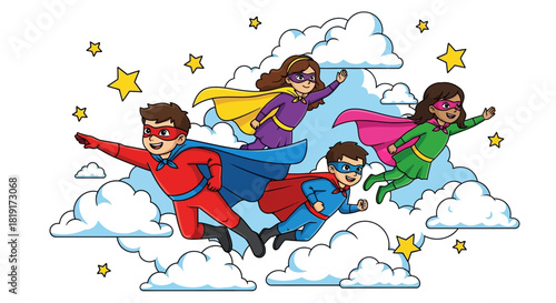 Colorful cartoon of superhero kids flying through clouds and stars, inspiring bravery and imagination in a fun, uplifting scene for children's projects