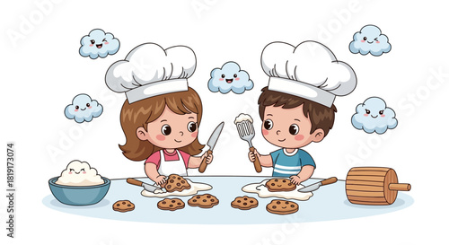 Adorable kids baking cookies together with happy cloud friends, perfect for children's illustrations and baking themed designs, cute and whimsical art