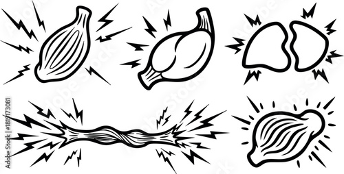 Vector illustration of various muscle pain and muscle strain icons with electric shock lines around muscles and joints