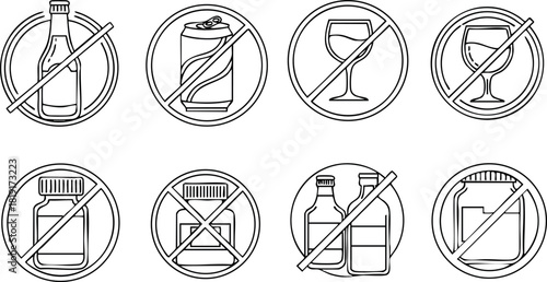 No alcohol no smoking no bottle no drink no vape prohibition icons set vector illustration