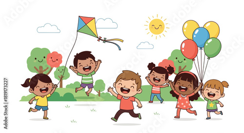 Happy children running with a kite and balloons under the sun, perfect for illustrating childhood joy, friendship, and outdoor fun in educational materials