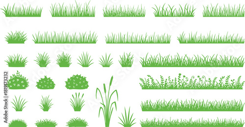 Solo green grass silhouette set. Collection of various green grass silhouettes, bushes, and plant elements in vector format. Suitable for nature designs, landscaping illustrations, backgrounds