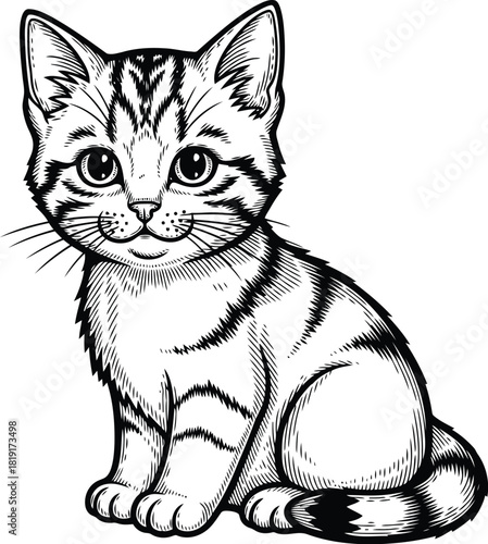 Engraving art cute tabby kitten sitting and looking forward, detailed black and white line art drawing