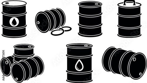 Black oil barrel vector set collection with drops and lid icons isolated on white background