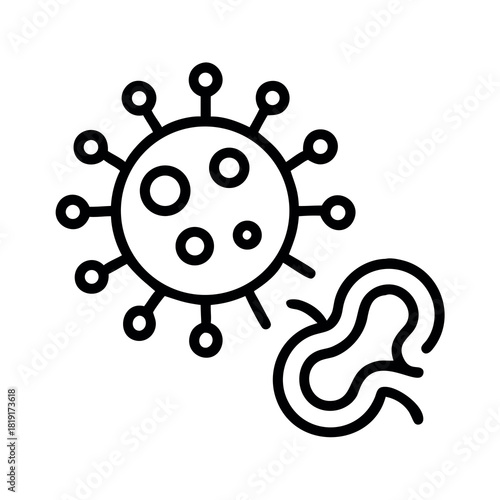 Stylized line art icon illustrating a virus approaching and affecting the human ear