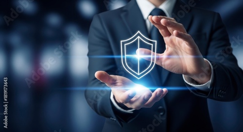 Businessman's hands cradling a glowing digital shield, signifying comprehensive cybersecurity, data protection, and secure technology for modern business operations