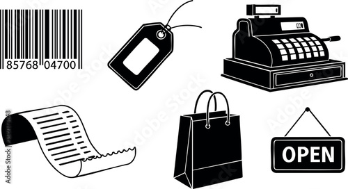 Retail shopping barcode receipt price tag cash register open sign shopping bag vector illustration