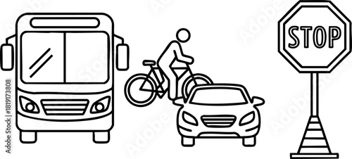 Traffic scene with bus car cyclist and stop sign urban street safety elements vector illustration