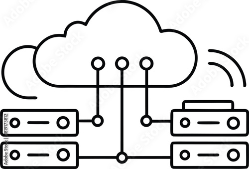 Cloud computing and data server connection icon in line art style