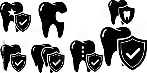 Tooth icons with shield protection dental care concept vector illustration secure teeth design healthy smile symbols