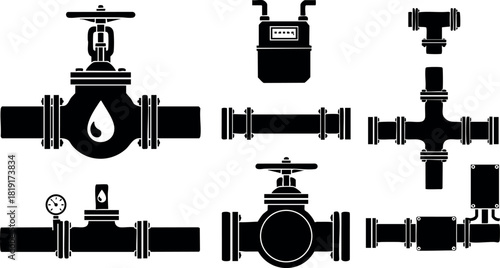 Water pipeline valve and meter icons set illustration for plumbing and industrial piping system vector