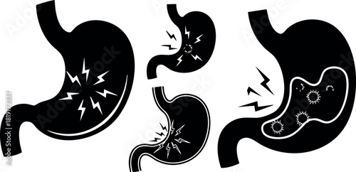 Human stomach pain digestive system inflammation vector illustration black silhouette health icon set