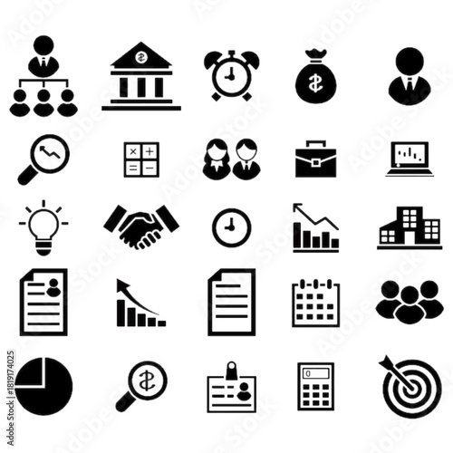 simple black and white business icons, minimalist design